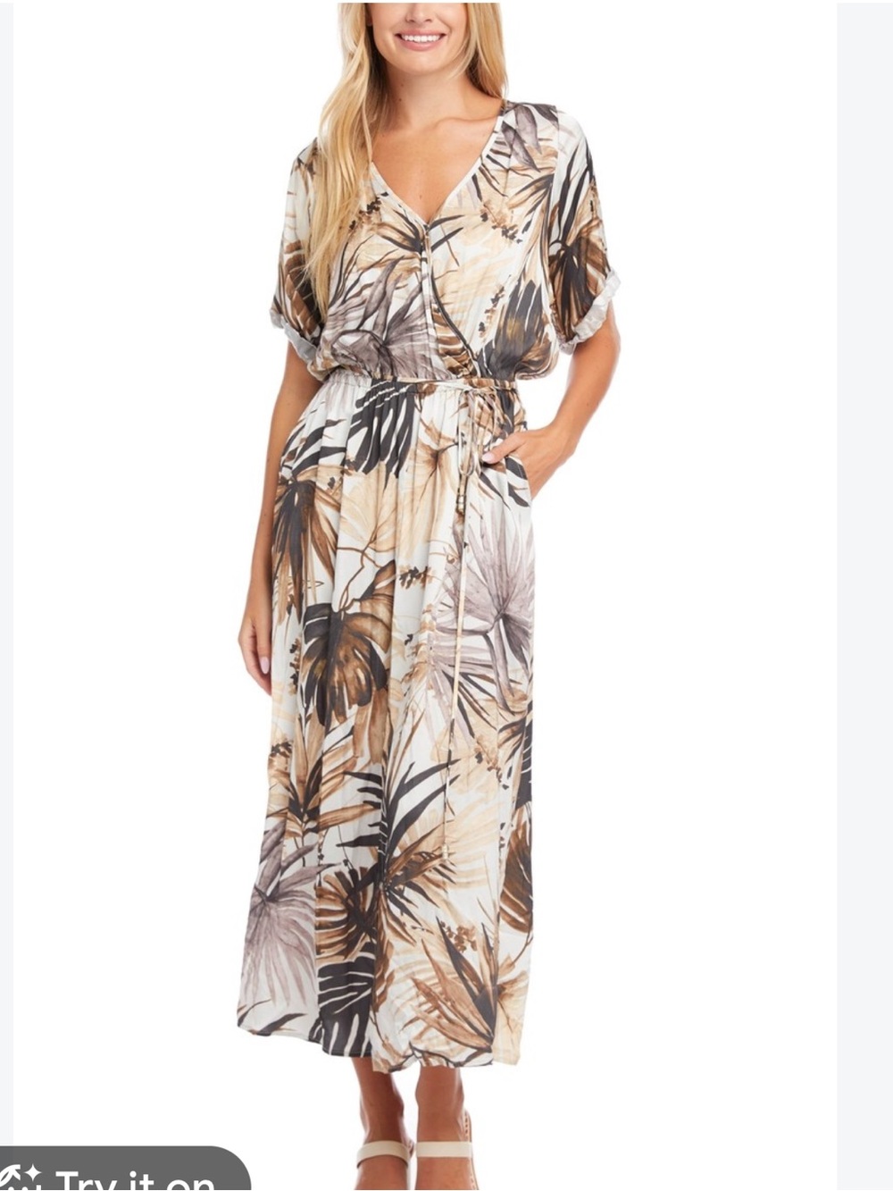 Karen Kane Print V-Neck Maxi Dress in Neutral Tones - Size L